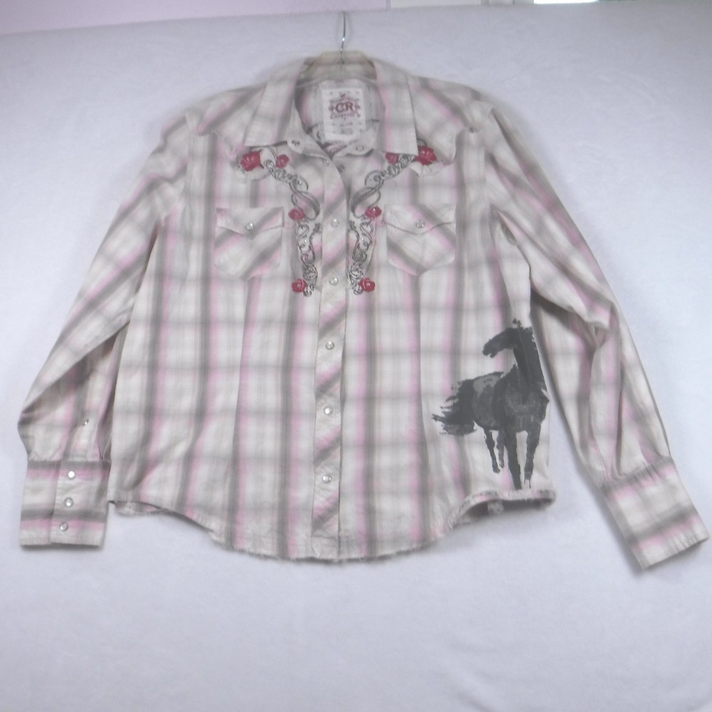 Country Royalty Womens XL Pink Plaid Floral Embroidered Horse Western Snap Shirt